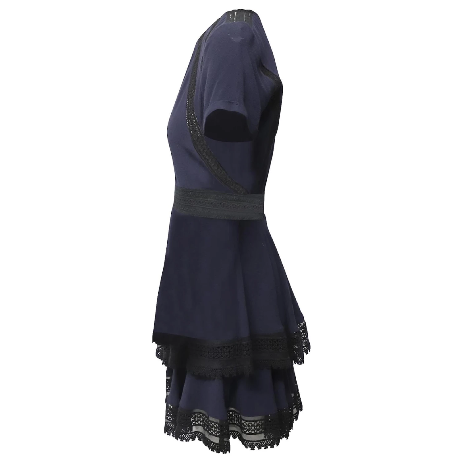 Maje Gestuftes Kleid Mit Spitze Und Volants Aus Marineblauer Viskose 2 Maje Gestuftes Kleid Mit Spitze Und Volants Aus Marineblauer Viskose – Bild 2