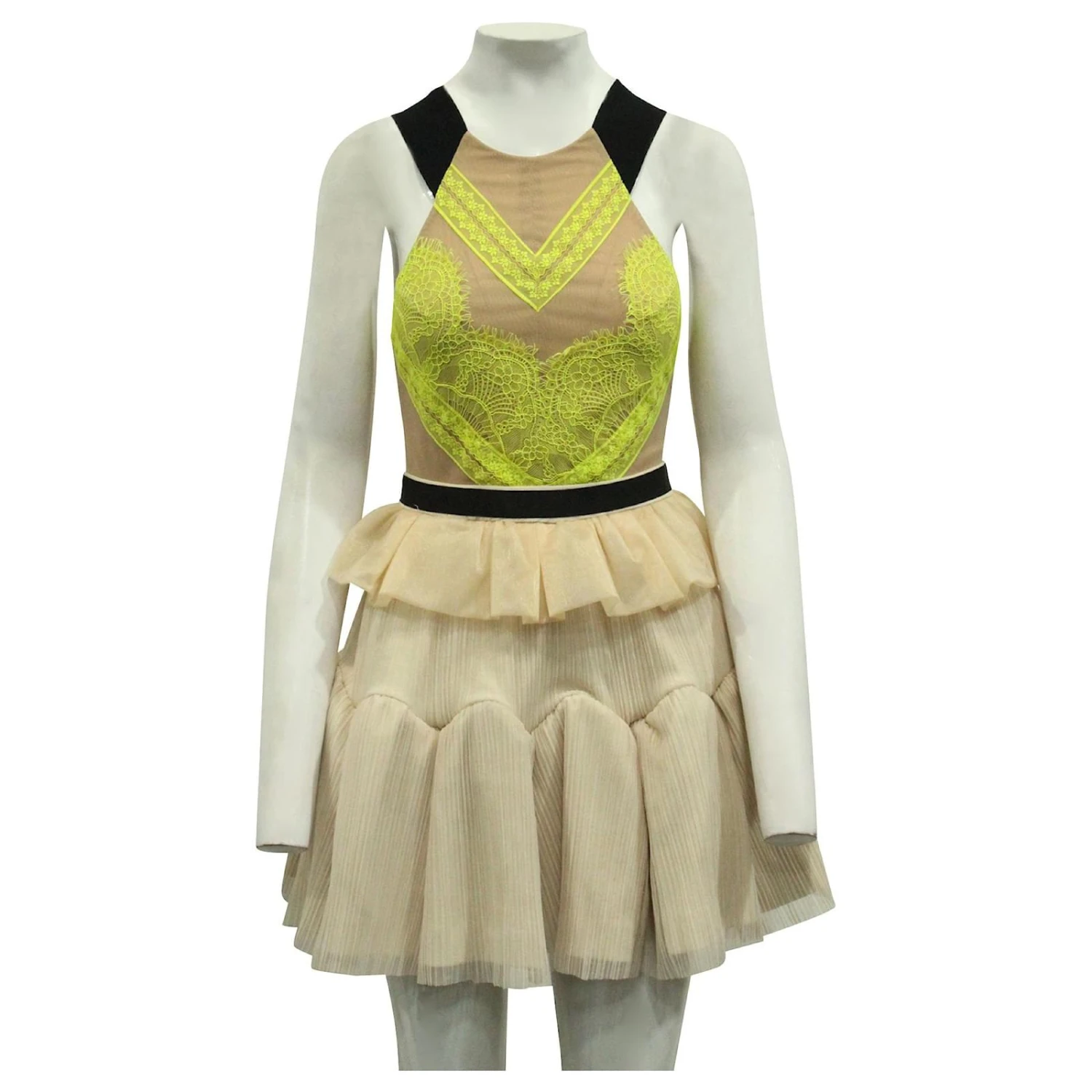 Autre Marque Cremefarbenes, Gestuftes Kleid Mit Neon-Spitze Fleisch 2 Autre Marque Cremefarbenes, Gestuftes Kleid Mit Neon-Spitze Fleisch – Bild 2