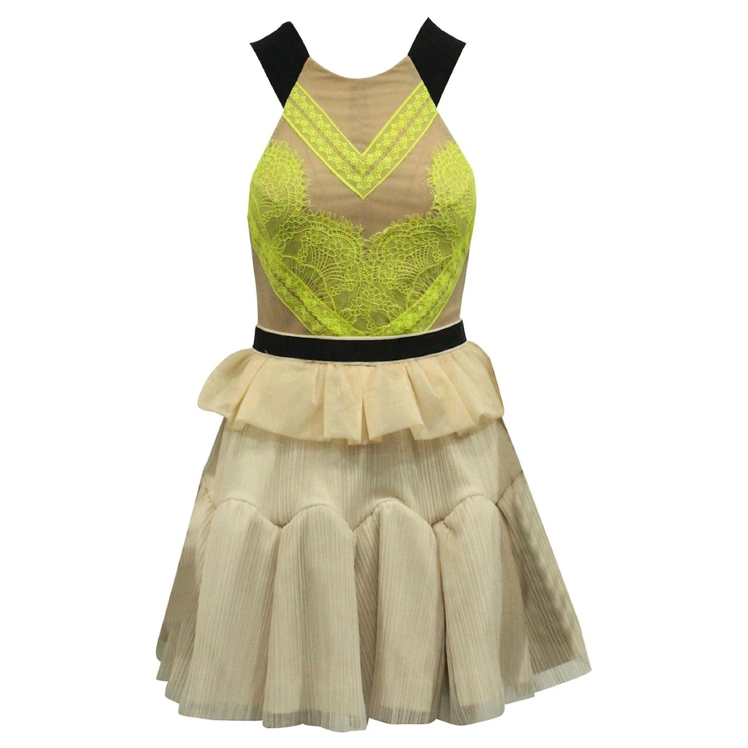 Autre Marque Cremefarbenes, Gestuftes Kleid Mit Neon-Spitze Fleisch 1 Autre Marque Cremefarbenes, Gestuftes Kleid Mit Neon-Spitze Fleisch