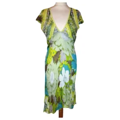 ANTIK BATIK KLEID KLEID COCKTAIL SEIDE STEINE QUASTEN CRENOLINE TL OR 36/38 Grün