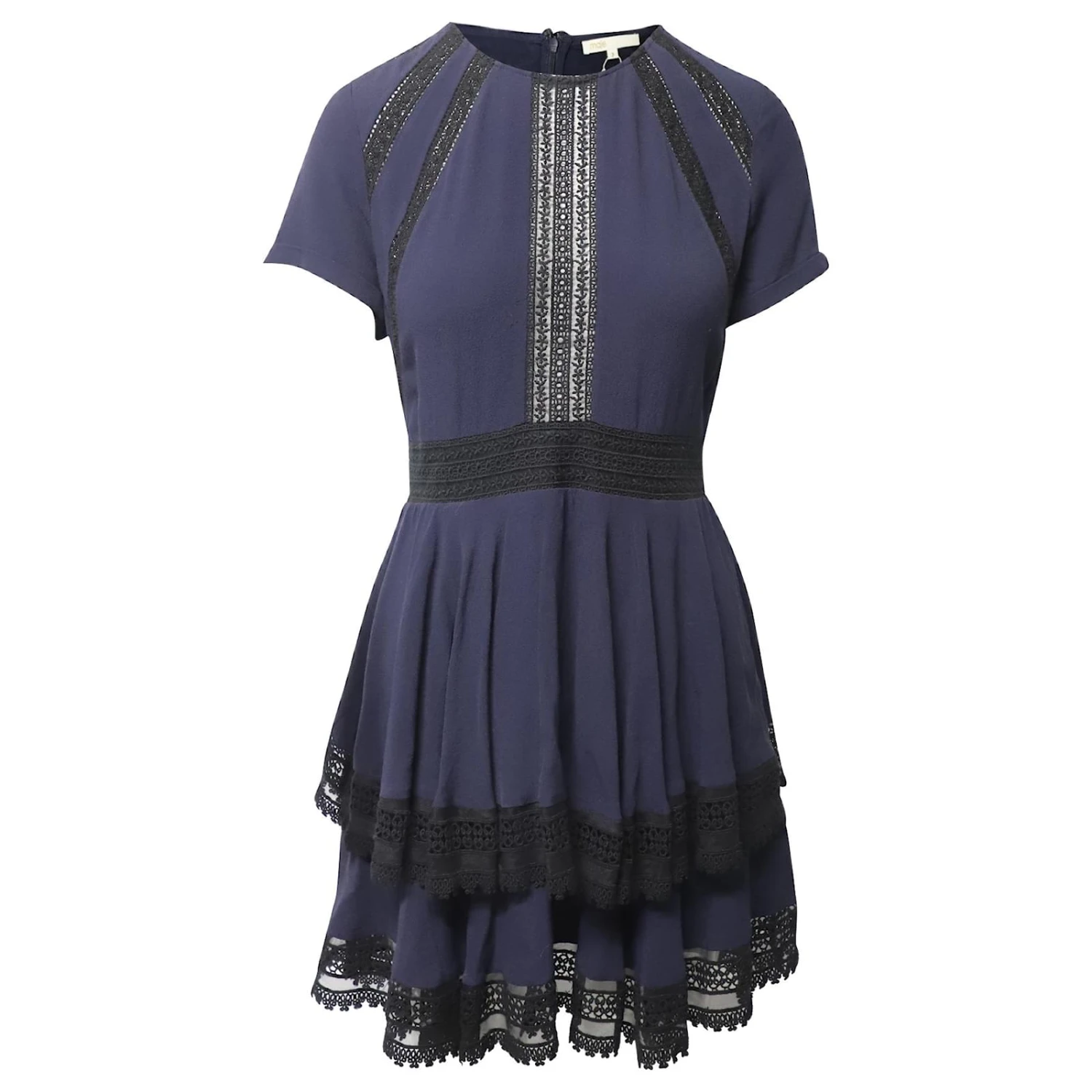 Maje Gestuftes Kleid Mit Spitze Und Volants Aus Marineblauer Viskose 1 Maje Gestuftes Kleid Mit Spitze Und Volants Aus Marineblauer Viskose