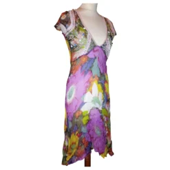 ANTIK BATIK KLEID KLEID PALM BEACH SEIDE STEINE QUASTEN CRENOLINE TS 36 Pink