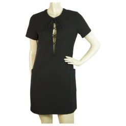 Autre Marque Kendall + Kylie Safari Front Lace-Up Dress Mini-Länge Kleid Mit Kurzen Ärmeln Gr. XS Schwarz