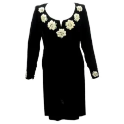VINTAGE KLEID CHANEL EDELWEISS BLUMEN LANGARM 40 M SAMTKLEID Schwarz